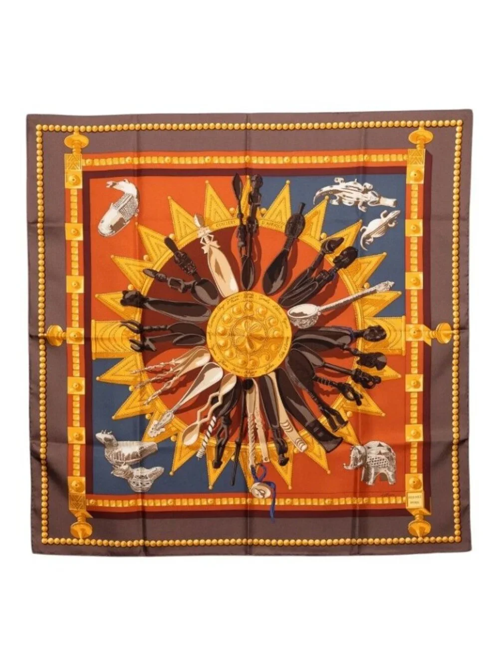 Hermes Carre 90 Cuillers D'afrique African Spoon Scarf Brown Multicolor Silk